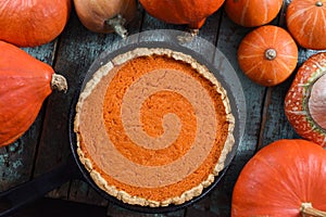 Autumn dessert. Homemade pumpkin pie and raw pumpkins and squash