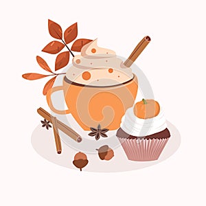 Autumn desserts flat illustration. Pumpkin spice latte