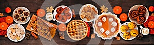 Autumn desserts table scene with a variety of traditional fall treats, top down view on a wood banner background