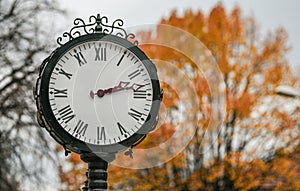 Autumn details - a clock with fall leaves in background - Bistrita city from Romania