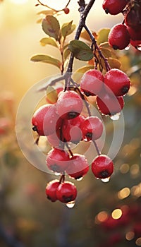 Autumn dew on fresh red cranberries in the fall season. Generative AI illustrations