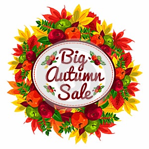 Autumn discount banner with beautiful fall leaves and apples. Autumn sale.
