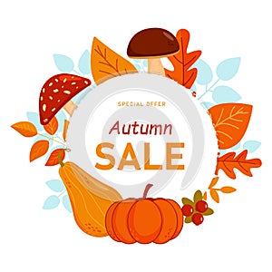 Autumn discounts. Baner with autumn items and the inscription discount. Vector graphics isolated on white background