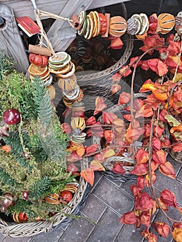 Autumn display with baskets and string