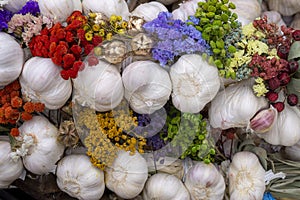 Autumn display with fresh garlic bulbs and flowers