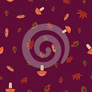 Autumn ditsy seamless pattern on purple background
