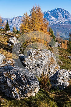 Autumn Dolomites mountain rocky view, Sudtirol, Italy