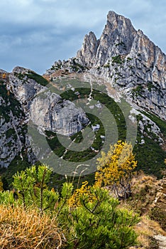 Autumn Dolomites mountain scene, Falzarego Pass, Italy