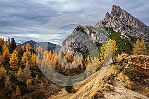 Autumn Dolomites mountain scene, Falzarego Pass, Italy