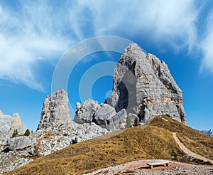 Autumn Dolomites mountain scene, Sudtirol, Italy. Cinque Torri (Five towers) rock formation