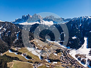 Autumn Dolomites panorama photo, sunny day Italy. Aerial view