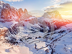 Autumn Dolomites panorama photo, sunny day Italy. Aerial view