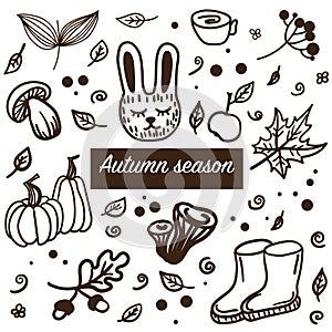 Autumn Doodles handdrawn illustration with mashrooms, pumpkins, leaves