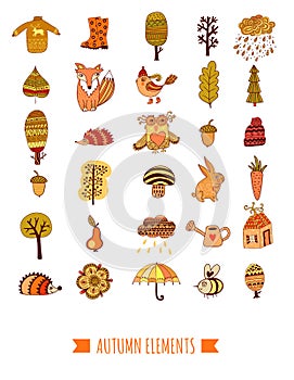 Autumn doodles set, vector trees, leaf, umbrella and animals.