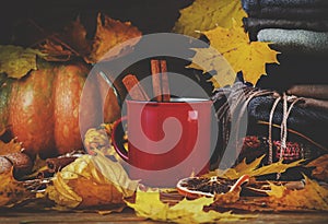 Autumn drink in red cup on fall background with pumpkins, orange fallen leaves, autumn clothes, scarves on rustic wooden table,