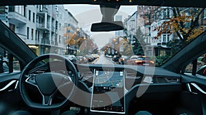 Autumn drive through the city streets. inside view of a modern car. urban commuting. lifestyle and transportation theme