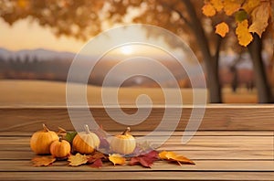 Autumn Elegance: Tabletop Product Display Amidst a Golden Sunset Sky and Falling Leaves.