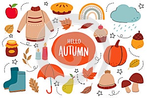 Autumn element collection set flat color style. Autumn season icon