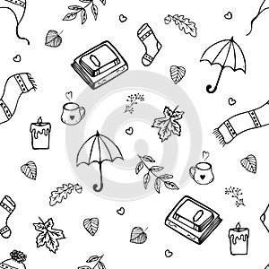 Autumn elements icons seamless pattern: falling leaves, candle, mug, book, knitted socks and other.