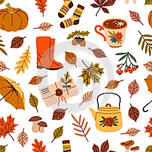 Autumn elements seamless pattern. Cartoon yellow leaves, warm accessories, cozy mood print, rainy season objects, hot beverages.