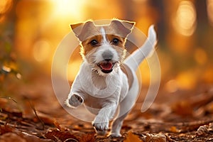 Autumn energy Jack Russell terrier puppy joyfully runs in the forest