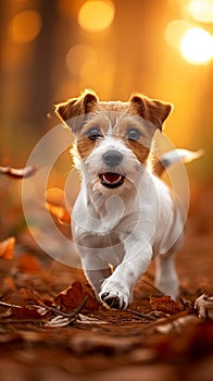 Autumn energy Jack Russell terrier puppy joyfully runs in the forest