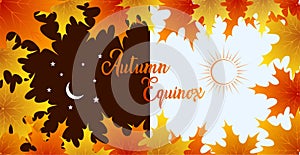 Autumn equinox vector illustration. September 22. Concept design with maple leafs in darker and lighter color