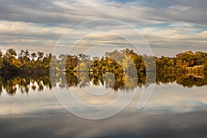 Autumn evening landscape image of the pond at Stansbury Park in Dundalk, Maryland