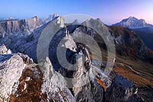 Autumn evening landscape of Passo Giau, Dolomites mountains.