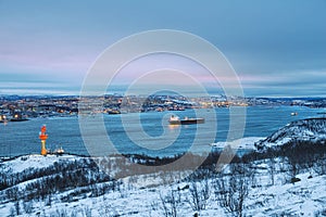 Autumn, Evening, Murmansk City, Kola Bay, industrial ships.
