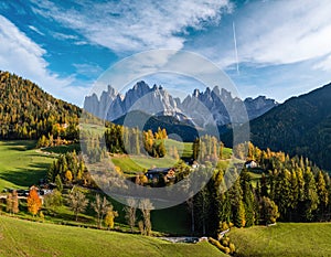 Autumn evening Santa Magdalena famous Italy Dolomites village surroundings in front of the Geisler or Odle Dolomites mountain