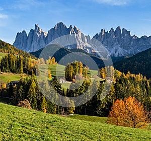 Autumn evening Santa Magdalena famous Italy Dolomites village surroundings view in front of the Geisler or Odle Dolomites mountain