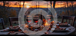 Autumn Evening Supper Warm Emberglow table setting with mulled wine, set after sunset.