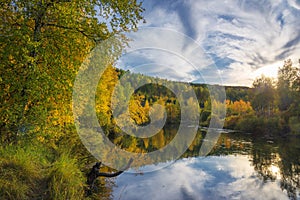 Autumn evening in wild taiga