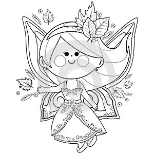 Autumn fairy. Cute little fairy tale girl in nature. Vector black and white coloring page