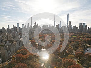 Autumn Fall. Autumnal Central Park view from drone. Aerial of NY City Manhattan Central Park panorama in Autumn. Autumn