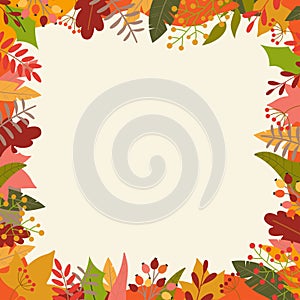 Autumn or Fall background with colorful leaves. Square banner or leaf frame or border template for flyer.