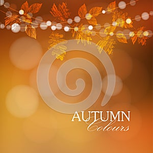 Autumn, fall background with leaves and lights,