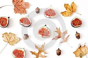 Autumn, fall creative composition of ripe purple figs. Fresh fruit, colorful maple and oak leaves and acorns isolated on