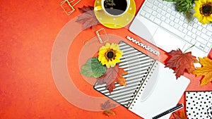 Autumn Fall desktop workspace blog header overhead flat lay.