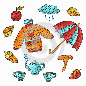 Autumn fall doodles vector icons