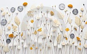 Autumn, fall floral flat lay. Various meadow dry plants on bright background.