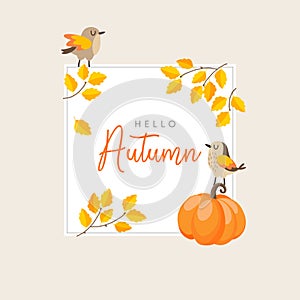 Autumn, fall greeting card, invitation with birds, colorful golden leaves and pumpkin. Thanksgiving concept. Cute vector