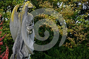 Autumn, fall on historic cemetery stone angel