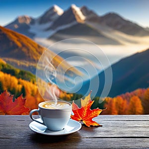 Autumn and fall hot coffee with fake maple leaf on wood