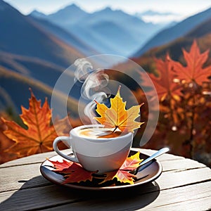 Autumn and fall hot coffee with fake maple leaf on wood