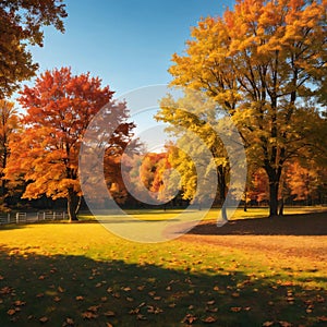 Autumn, fall landscape with a tree full of colorful, falling leaves, sunny blue sky. Wide perspective, panorama.