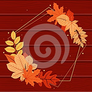 Autumn Fall Leaf Greeting Invitation Pentagon Frame Wood Background Bouquet