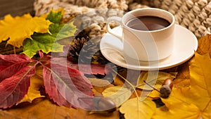 Autumn, fall leaves, a hot cup of coffee and a warm scarf on the background of a wooden table. Seasonal, morning coffee, Sunday re