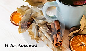 Autumn, fall leaves, hot steaming cup of glint wine